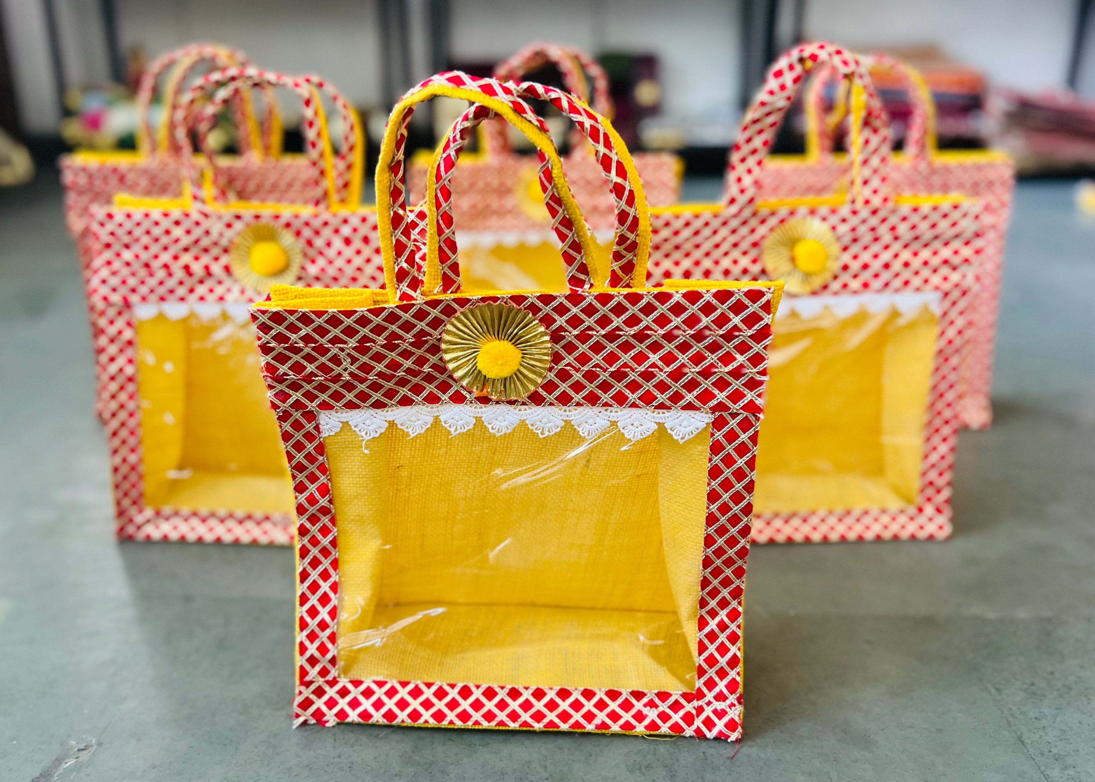 Eco-friendly jute gifting bag with gota lace decoration, assorted colours, 11x11x4 inches, ideal for Indian weddings, return gifts, and festive hampers by Wrap Shap