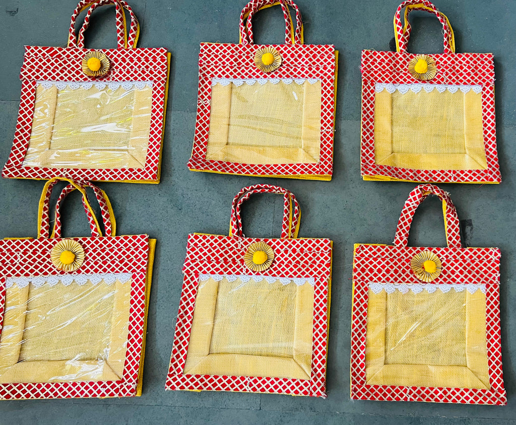 Gota Lace Decorated Jute Gifting Bags – 11x11x4 Inches | Return Favours, Small Gift Bags | Assorted Colours | Wrap Shap