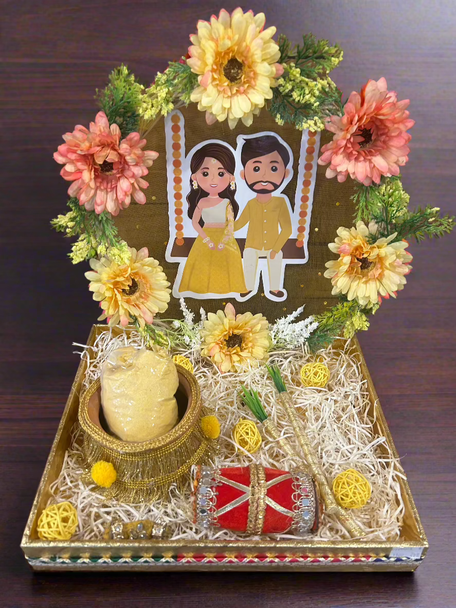 Backwall Haldi Platter Tray with Floral Decor, Pot & Haldi Powder | Girl & Boy Cutout Wedding Ceremony Tray | Wrap Shap