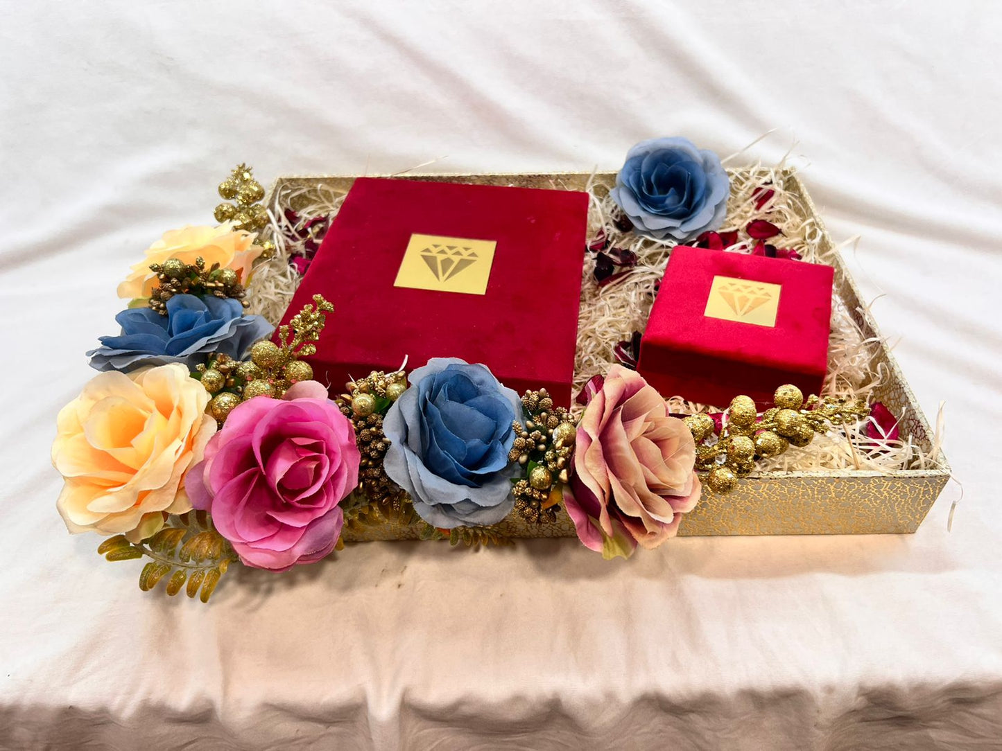 Wrap Shap jewellery platter with big artificial roses, includes empty jewellery set box and bangle box.