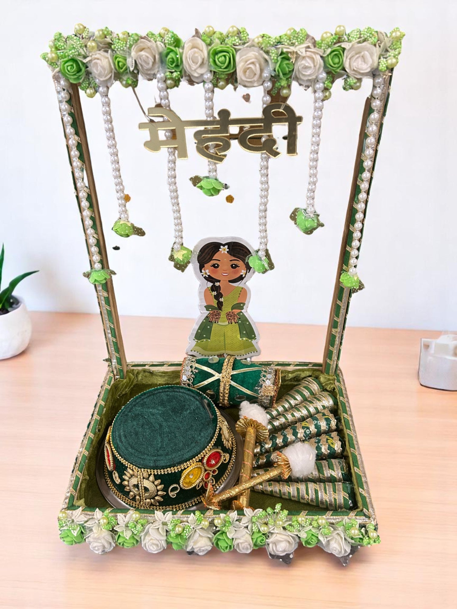 Large pinewood Mehendi tray with standing back, girl cutout, pearl hangings, 6 decorated mehendi cones, and a large festive steel bowl – Wrap Shap bridal platter