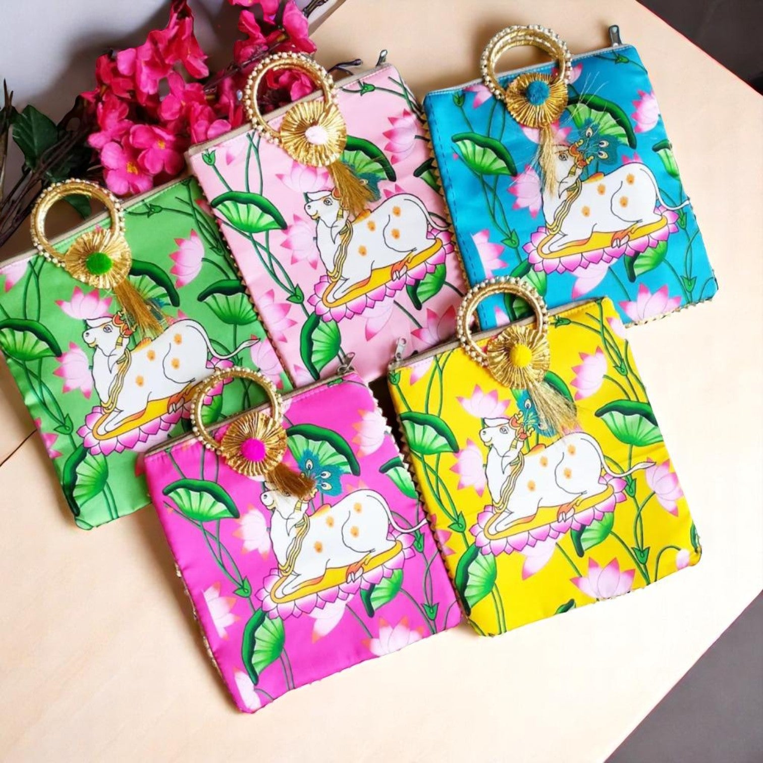 Traditional Pichwai print gifting bag with cloth handle in assorted colors by Wrap Shap, ideal for wedding favours and festive small gifts