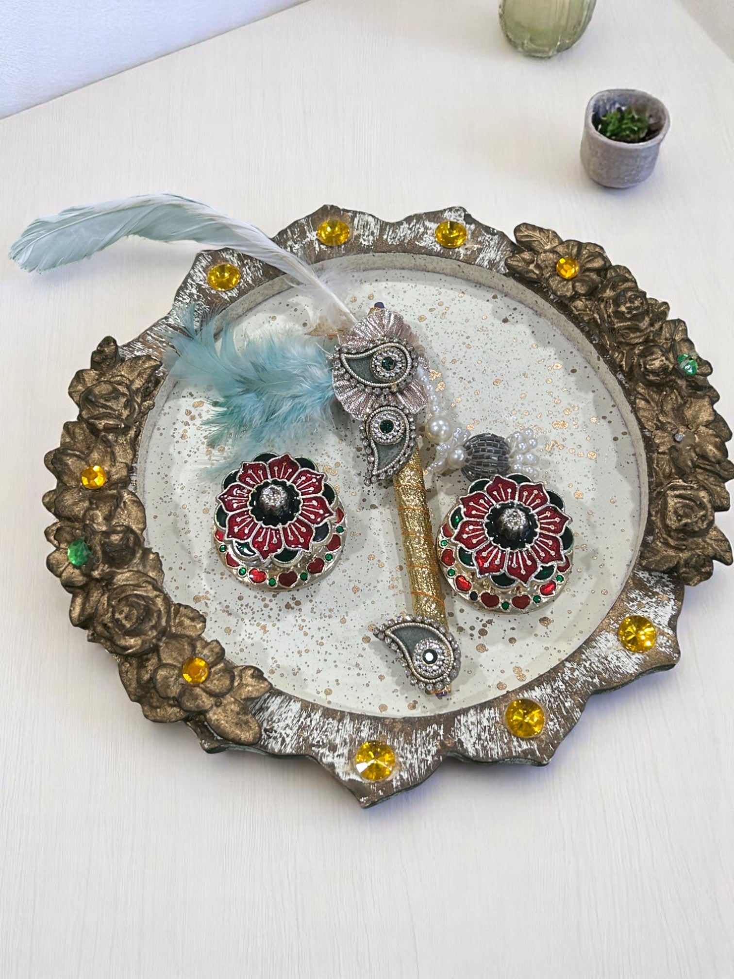 Round wooden tilak platter with roli chawal dibbi and tilak stick for Indian wedding and festive gifting by Wrap Shap