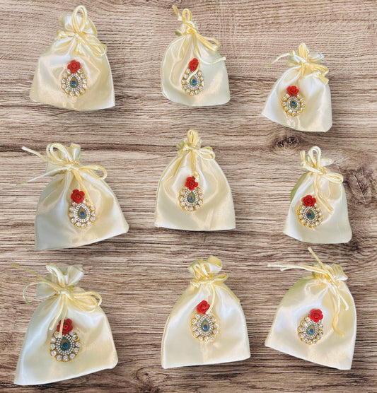 Small satin potli batwa bag with gota booti work by Wrap Shap, ideal for 100gm dry fruits, coins, jewellery or festive return gifts – assorted colors