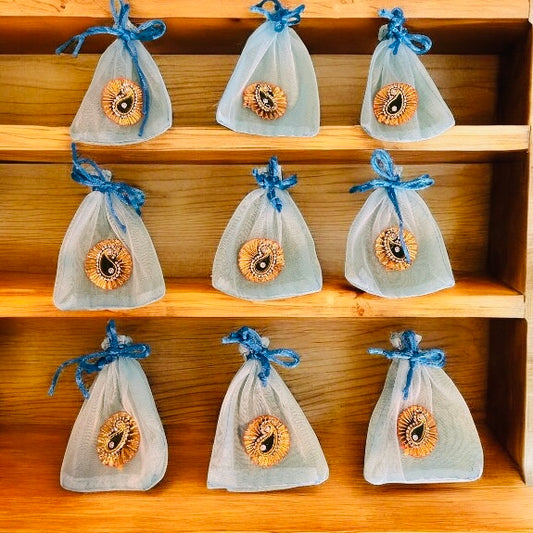 Small potli batwa bag in festive fabric by Wrap Shap, ideal for 100gm dry fruits, silver coins, ginni, jewellery, or wedding favours (3x4 inches)