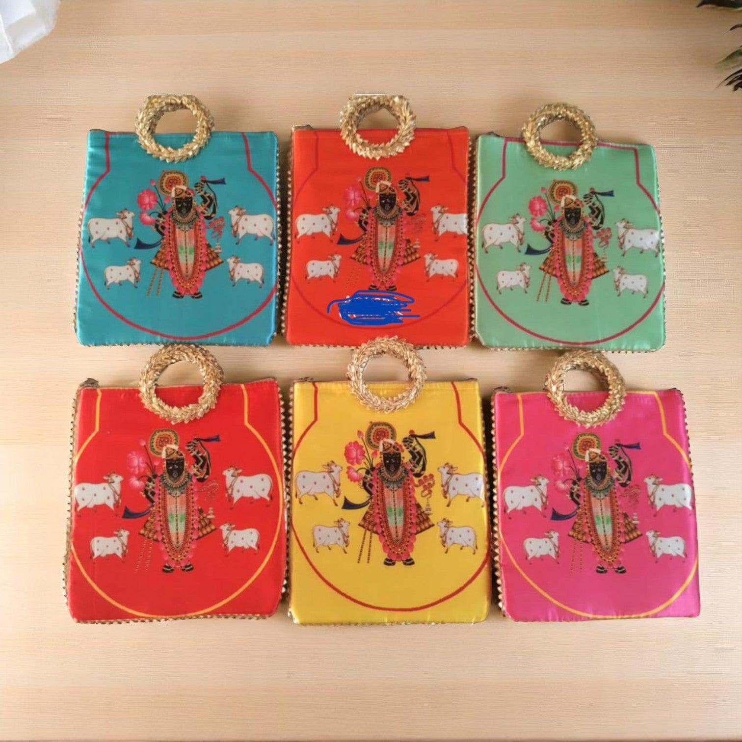 Wrap Shap Tirupati Balaji gifting bag with Pichwai floral print and round handle, perfect for pooja return favours and festival gifts