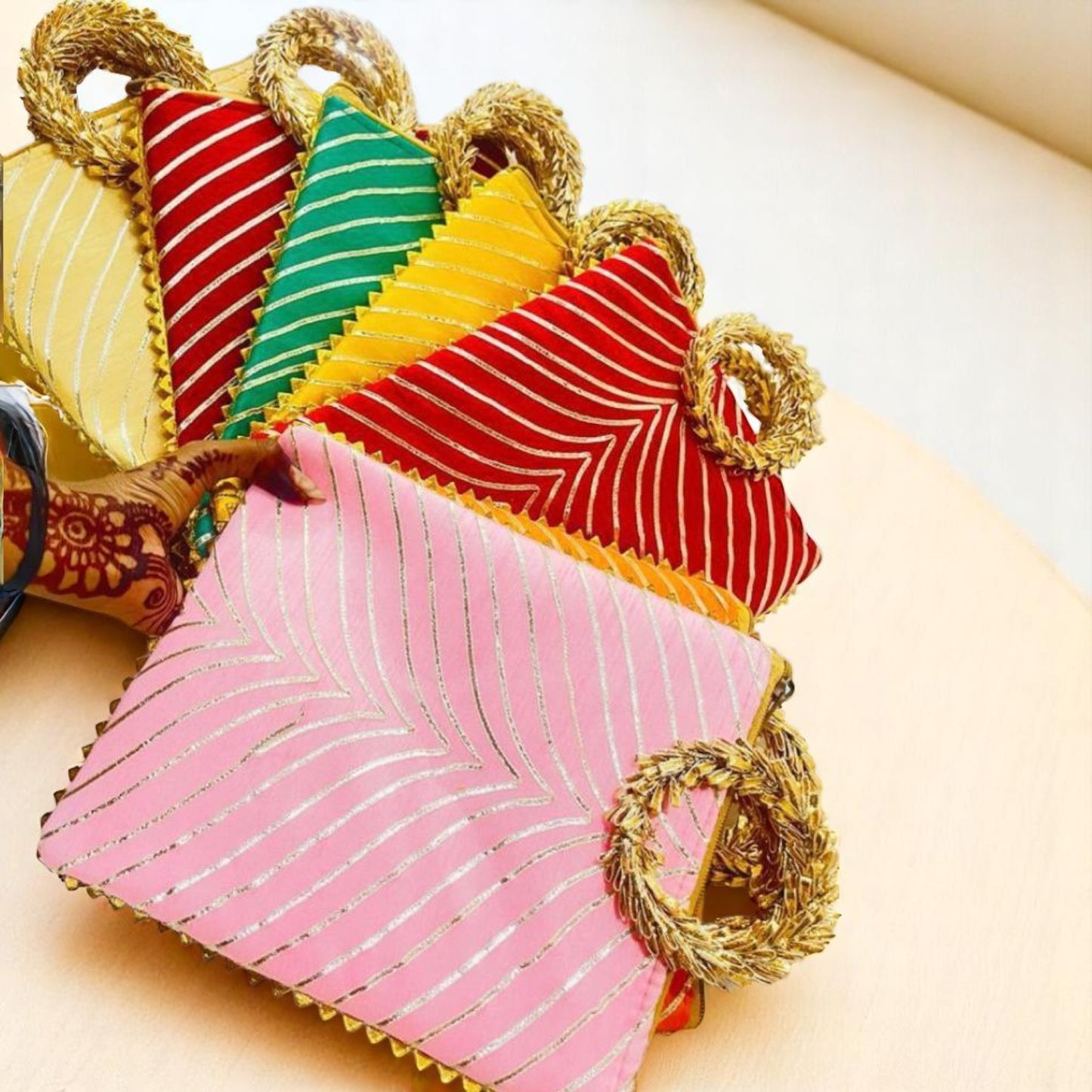 Wave Leheriya print gifting bag with gota lace and fabric handle in assorted colours by Wrap Shap – ideal for festive and wedding return favours