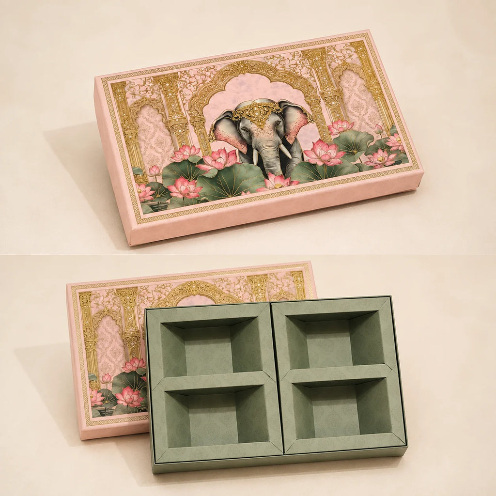 Budget Dry Fruit Gift Box by Wrap Shap featuring a premium 4-partition kappa board design in assorted patterns, ideal for dry fruits, chocolates, festive hampers, corporate gifting, wedding favours, and bulk gifting.