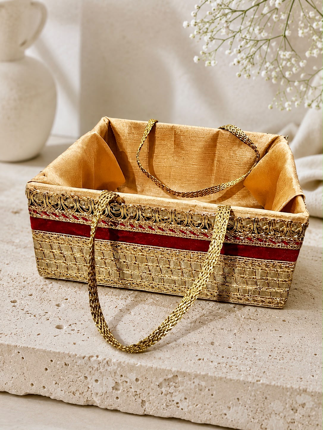 Premium Zari basket made from MDF for festive gifting, wedding hampers, and corporate gift packaging. Elegant Zari hamper basket available in 2 Jar and 4 Jar sizes for dry fruits, chocolates, sweets, gourmet treats, and luxury gift presentations