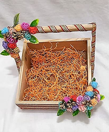 Pine Wood Hamper Basket with Multicolor Flower Decoration