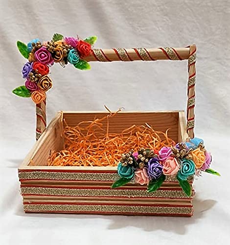 Pine Wood Hamper Basket with Multicolor Flower Decoration