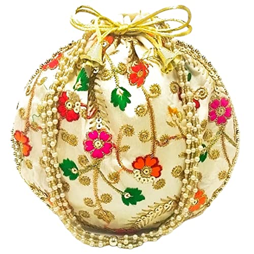 Silk Ethnic Rajasthani Embroidery Potli Bags with Carry Handle – Perfect for Return Favors and Gifting Dry Fruits