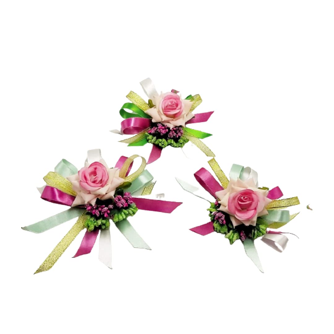 Vibrant Pink Rose with Multi-color Ribbons Artificial Flower Bunch for Festive Decor and Gift Embellishment