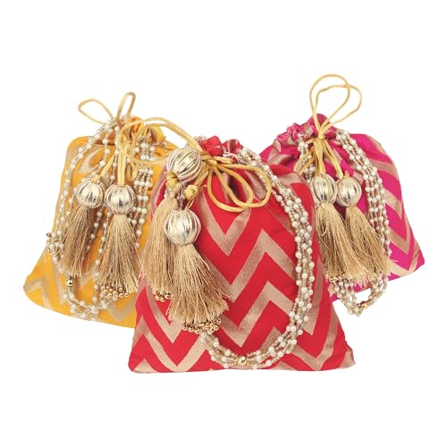 Elegant Wave Design Potli Batwa Bags with Handle and Premium Tassels (9" Matka Shape) – Ideal for Return Favors and Gifting Dry Fruits