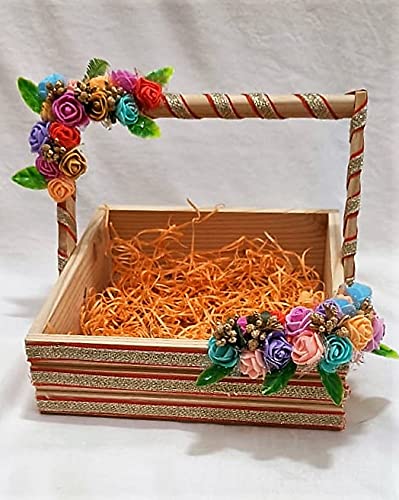 Pine Wood Hamper Basket with Multicolor Flower Decoration