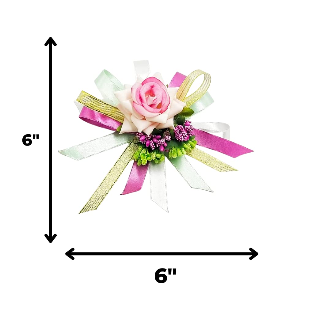 Vibrant Pink Rose with Multi-color Ribbons Artificial Flower Bunch for Festive Decor and Gift Embellishment