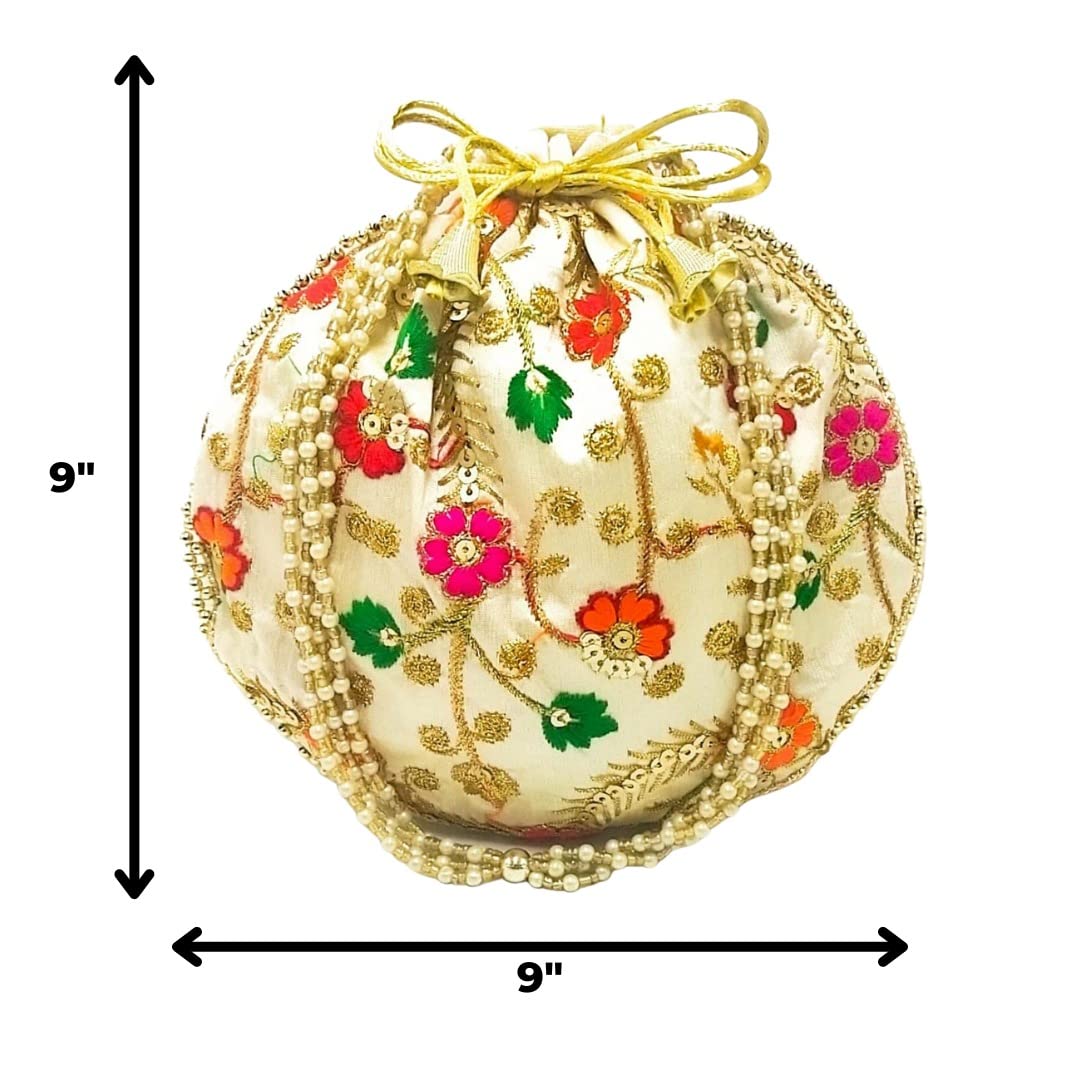 Silk Ethnic Rajasthani Embroidery Potli Bags with Carry Handle – Perfect for Return Favors and Gifting Dry Fruits