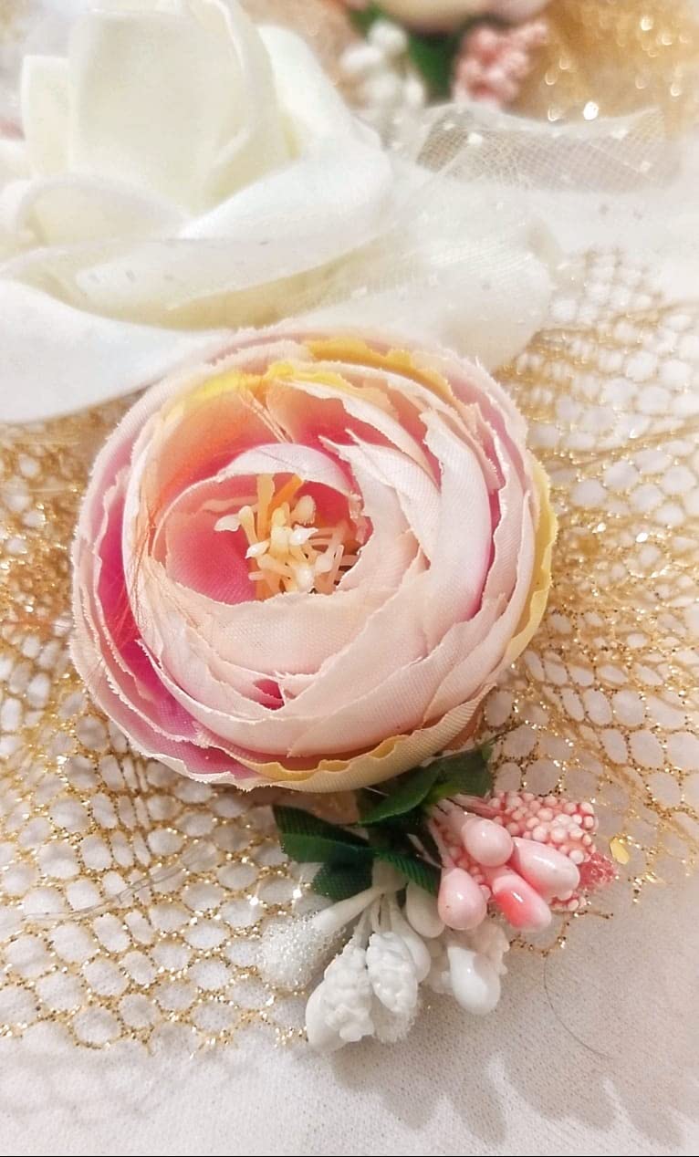 Chic Elegance: Pink Peony and White Rose Artificial Flower Bunch - 5 Inch