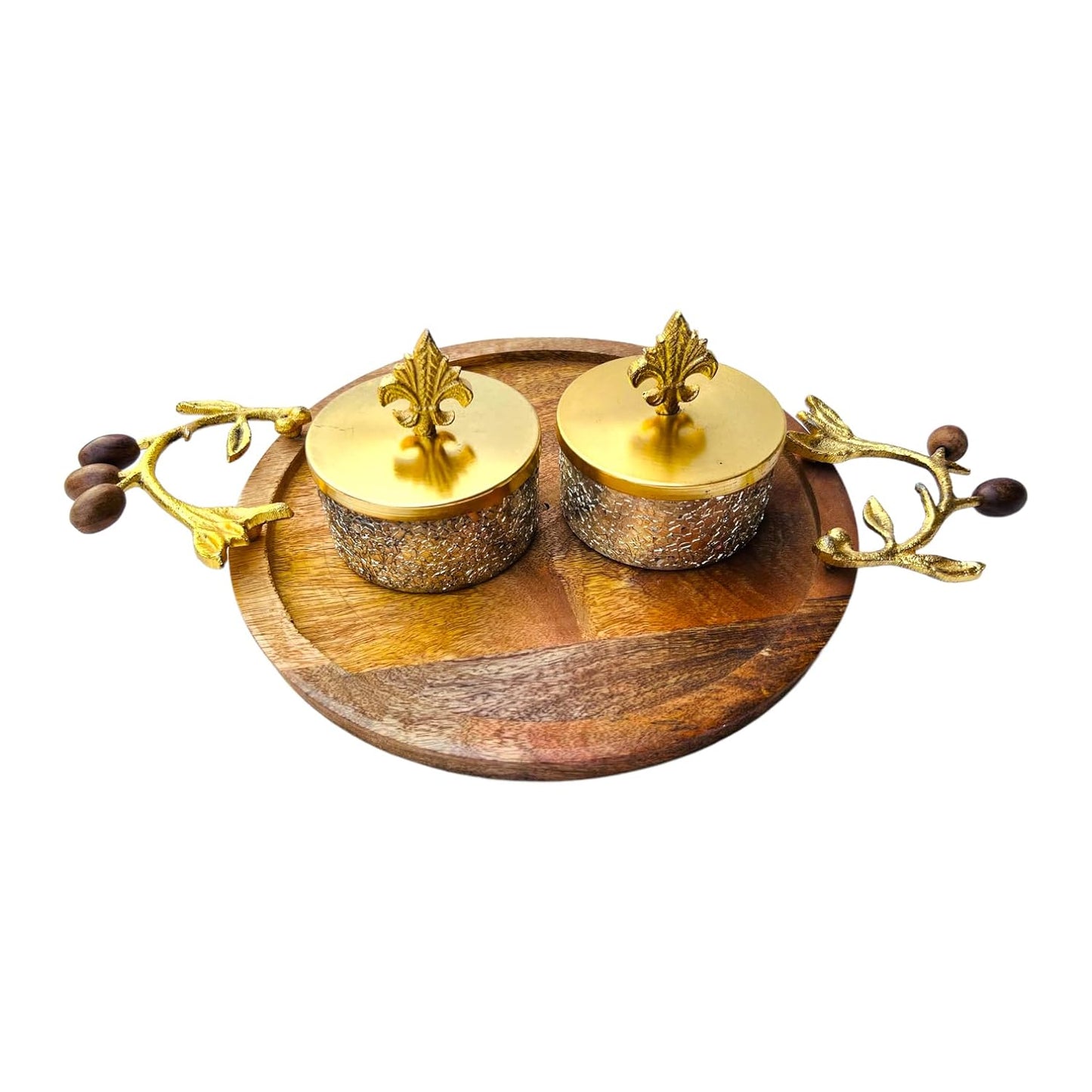 Mango Wood Platter with 2 Metal Jars