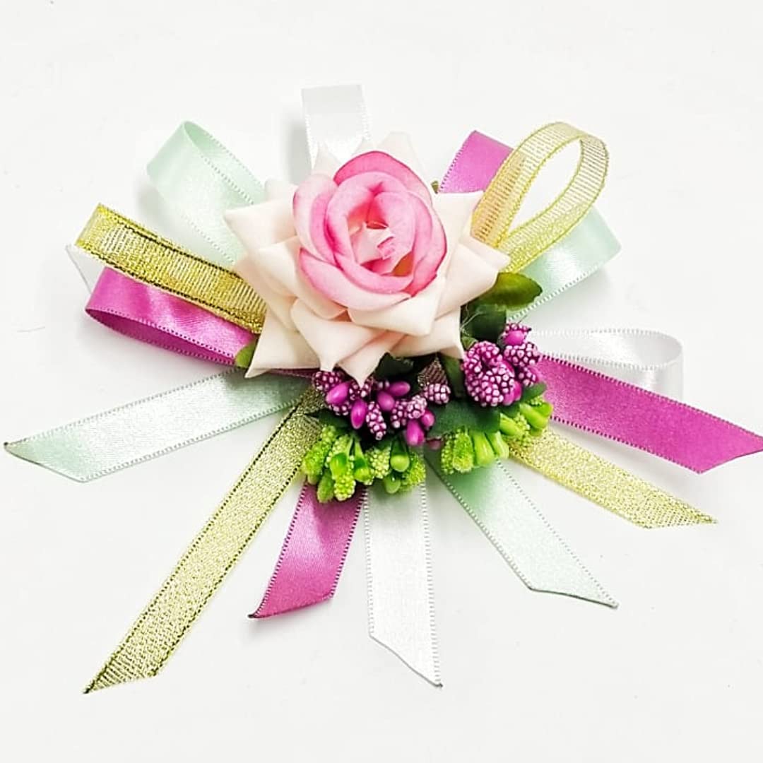 Vibrant Pink Rose with Multi-color Ribbons Artificial Flower Bunch for Festive Decor and Gift Embellishment