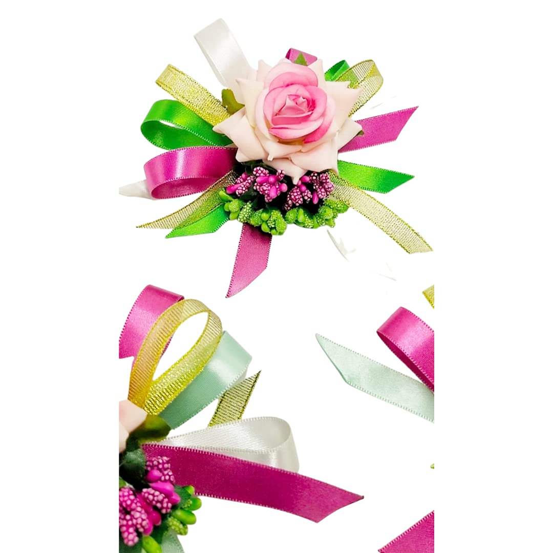 Vibrant Pink Rose with Multi-color Ribbons Artificial Flower Bunch for Festive Decor and Gift Embellishment