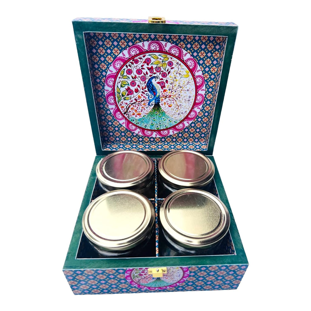 Peacock Print Digital Laminated Wooden Box with 4 Jars | Luxury Dry Fruit & Chocolate Gift Hamper