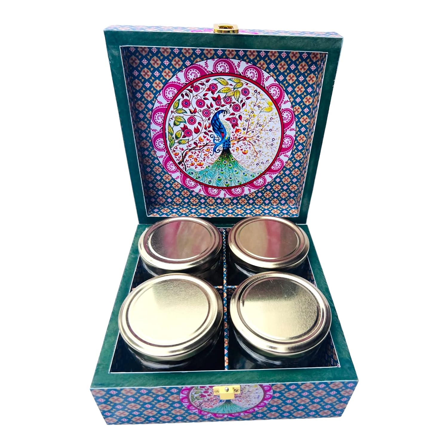Peacock Print Digital Laminated Wooden Box with 4 Jars | Luxury Dry Fruit & Chocolate Gift Hamper
