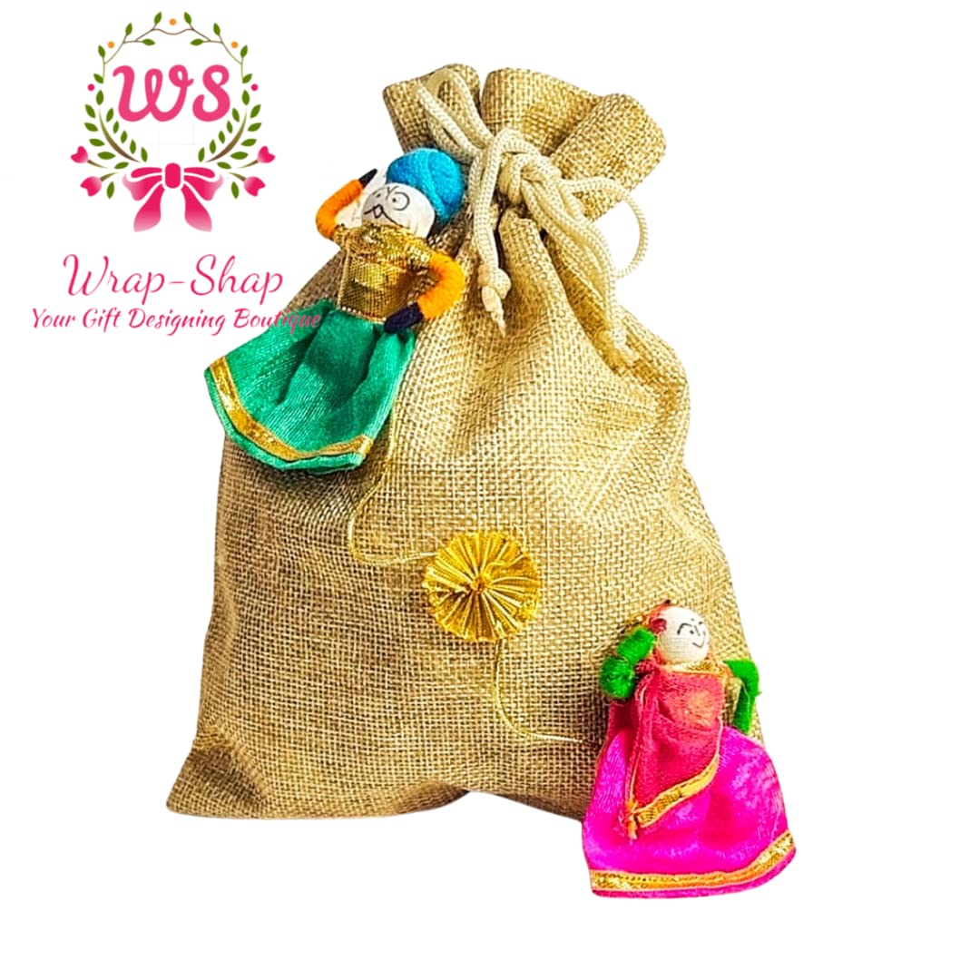 Charming Jute Potli Bags with Puppets (7x9 inches) – Ideal for Return Favors and Gifting Dry Fruits
