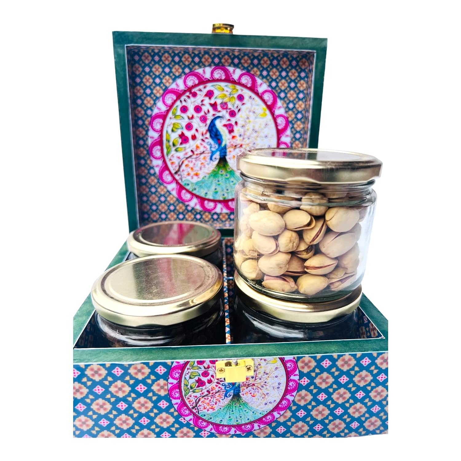 Peacock Print Digital Laminated Wooden Box with 4 Jars | Luxury Dry Fruit & Chocolate Gift Hamper
