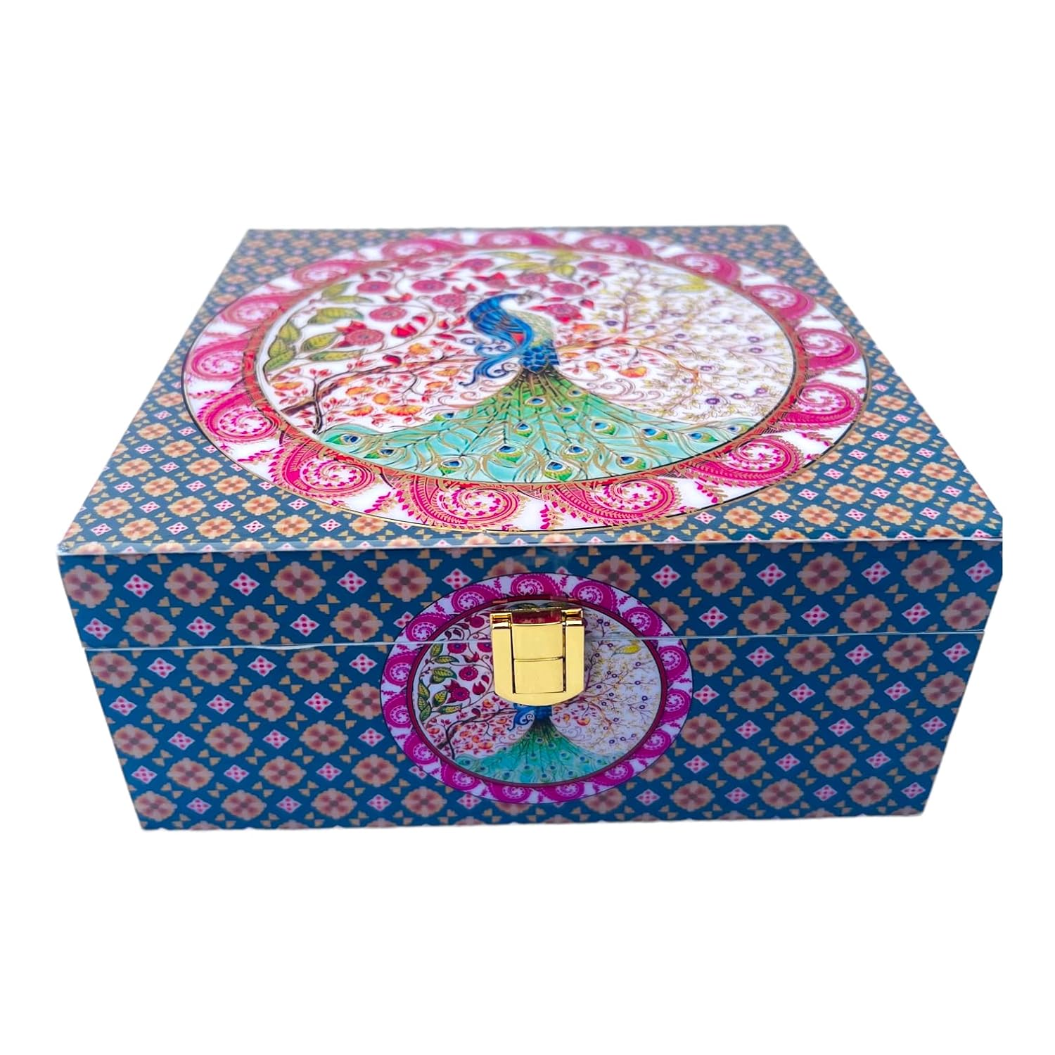 Peacock Print Digital Laminated Wooden Box with 4 Jars | Luxury Dry Fruit & Chocolate Gift Hamper