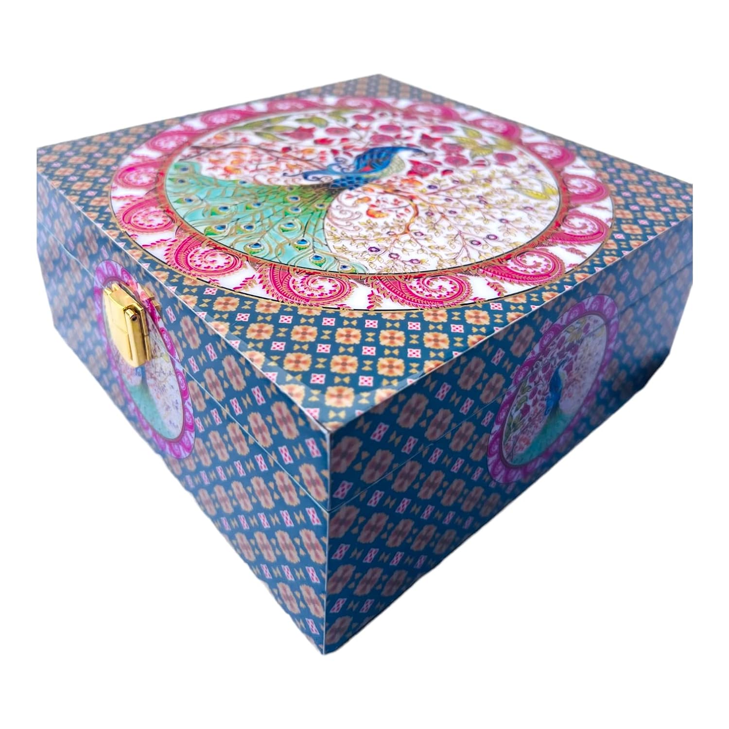 Peacock Print Digital Laminated Wooden Box with 4 Jars | Luxury Dry Fruit & Chocolate Gift Hamper