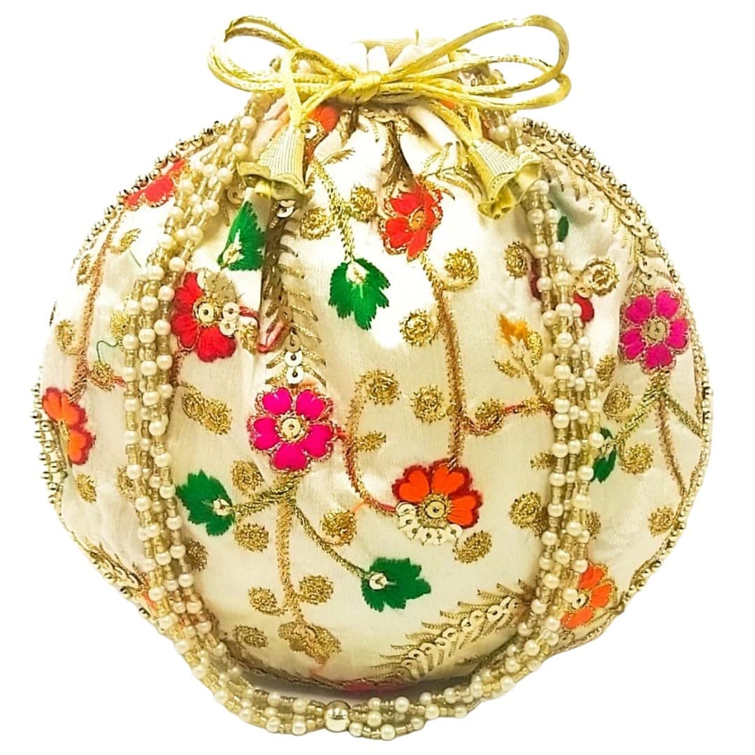 Silk Ethnic Rajasthani Embroidery Potli Bags with Carry Handle – Perfect for Return Favors and Gifting Dry Fruits