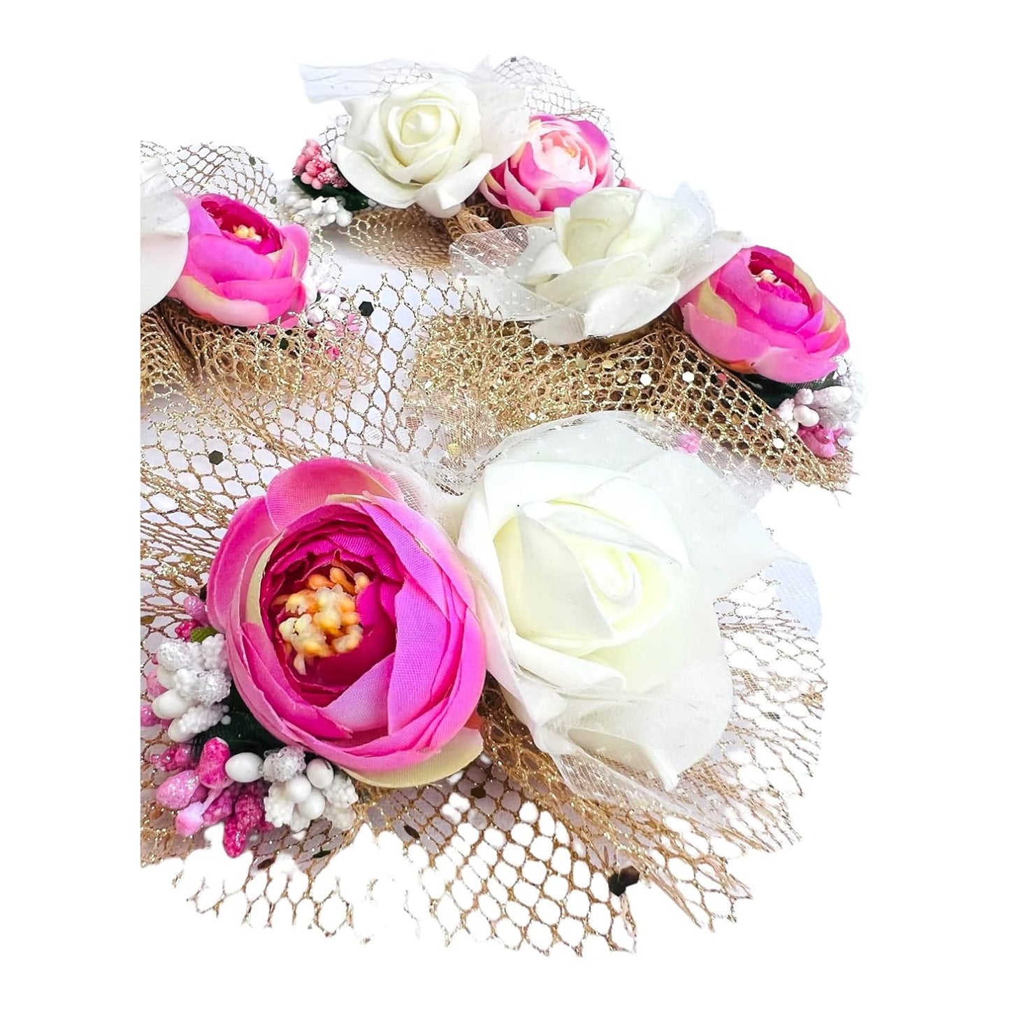 Chic Elegance: Pink Peony and White Rose Artificial Flower Bunch - 5 Inch