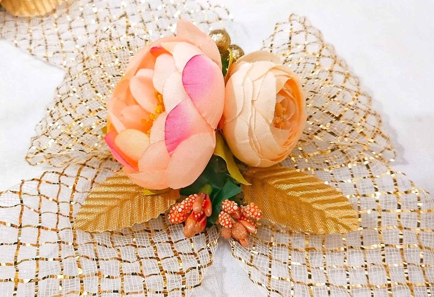 Charming Peony Duo with Large Bow Artificial Flower Bunch for Gift Decor and Wedding Packing