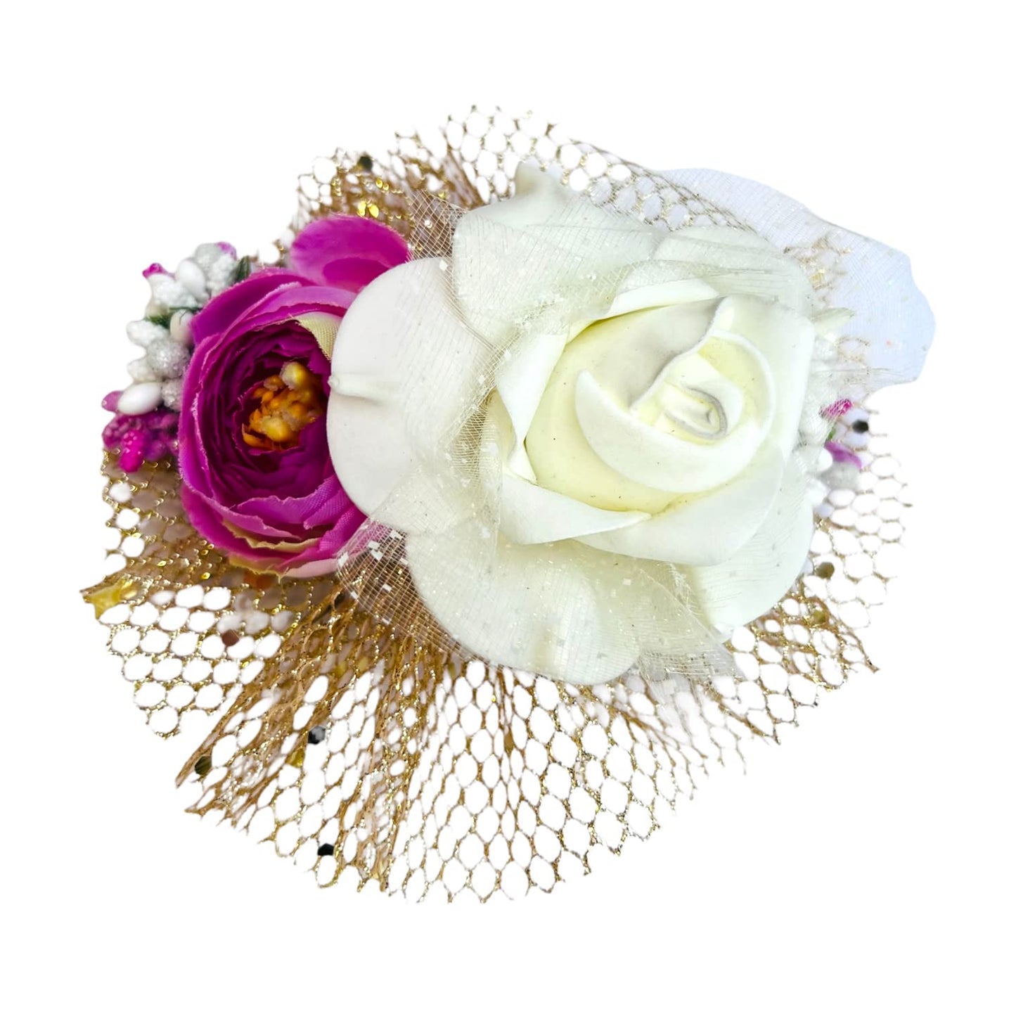 Chic Elegance: Pink Peony and White Rose Artificial Flower Bunch - 5 Inch