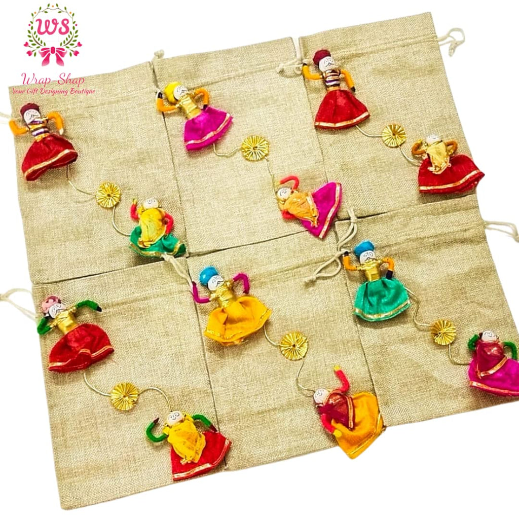 Charming Jute Potli Bags with Puppets (7x9 inches) – Ideal for Return Favors and Gifting Dry Fruits