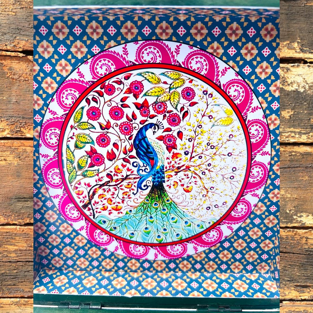 Peacock Print Digital Laminated Wooden Box with 4 Jars | Luxury Dry Fruit & Chocolate Gift Hamper