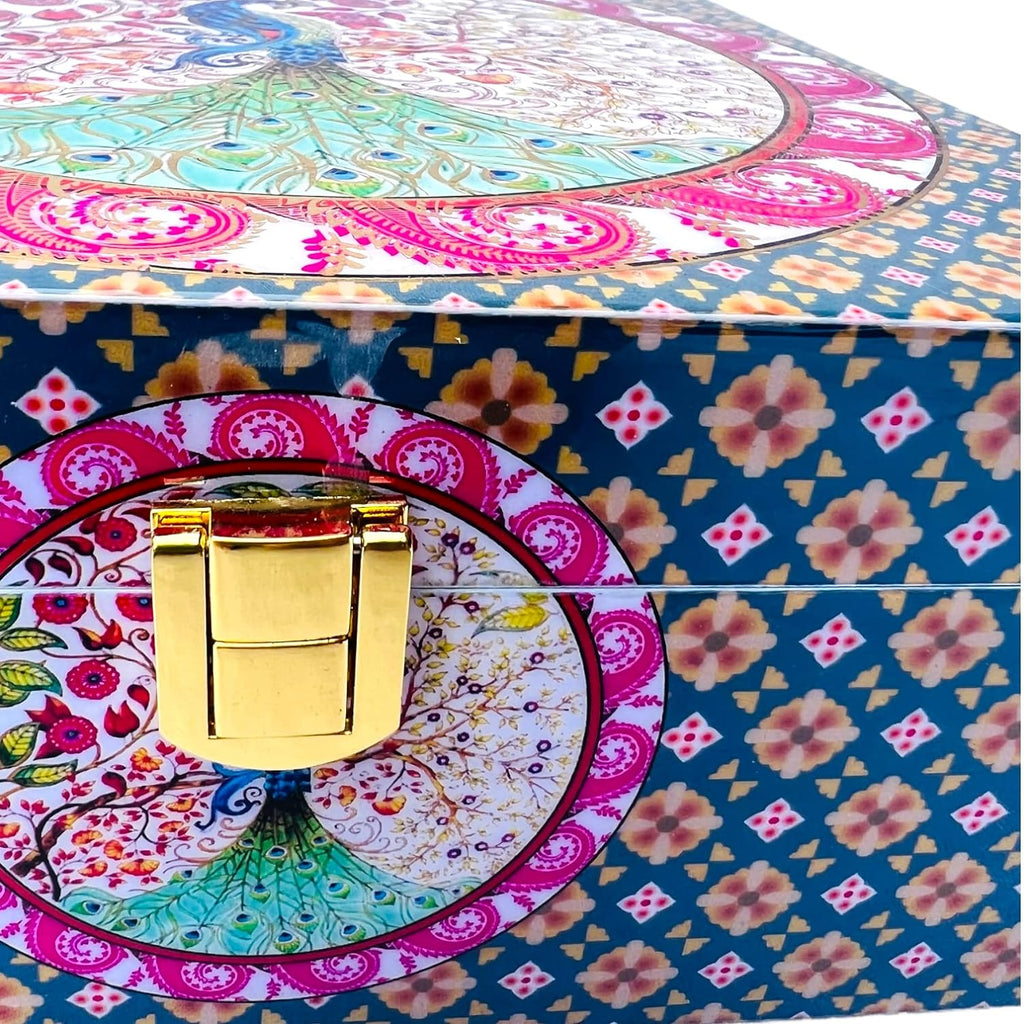 Peacock Print Digital Laminated Wooden Box with 4 Jars | Luxury Dry Fruit & Chocolate Gift Hamper
