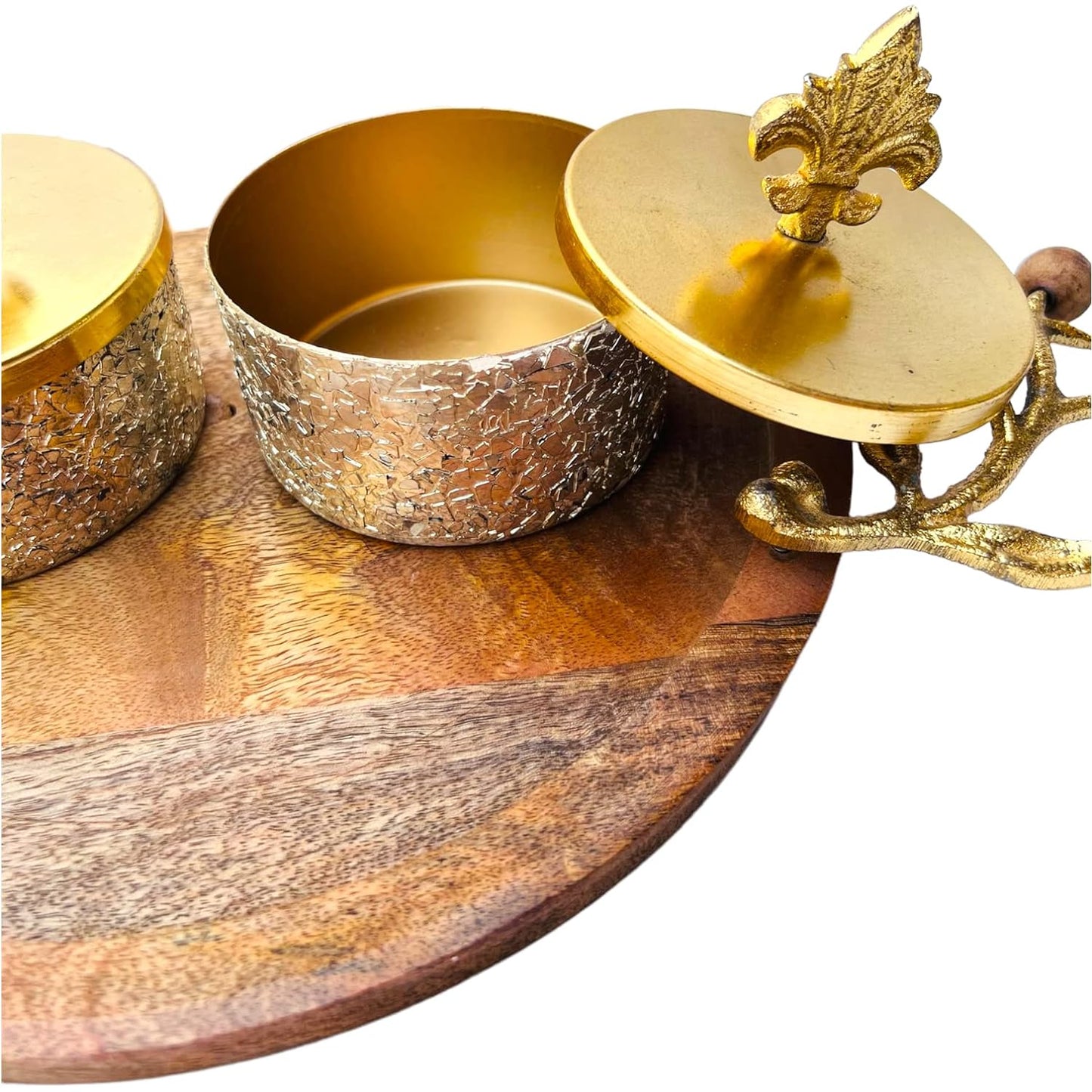 Mango Wood Platter with 2 Metal Jars