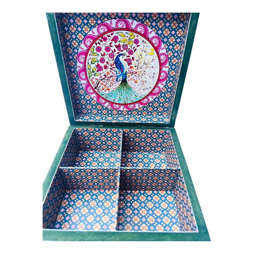 Peacock Print Digital Laminated Wooden Box with 4 Jars | Luxury Dry Fruit & Chocolate Gift Hamper