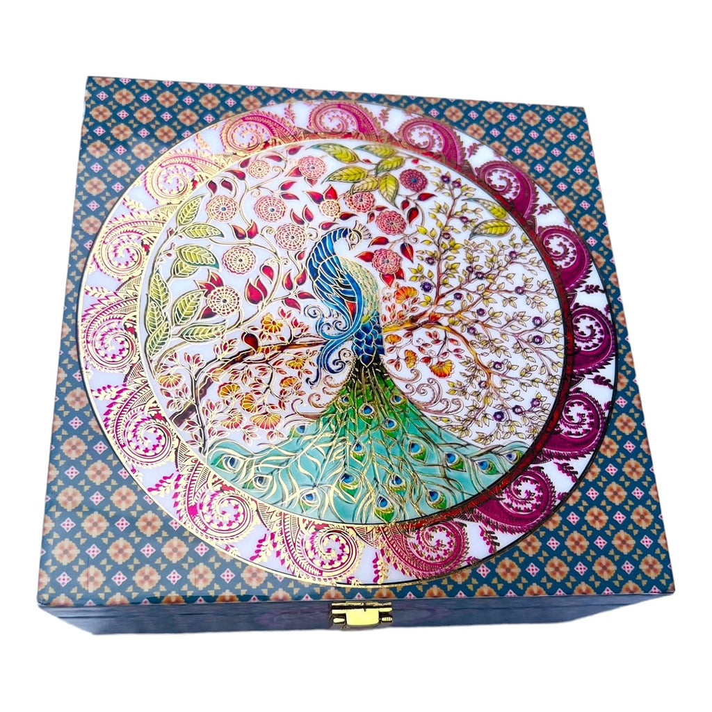 Peacock Print Digital Laminated Wooden Box with 4 Jars | Luxury Dry Fruit & Chocolate Gift Hamper