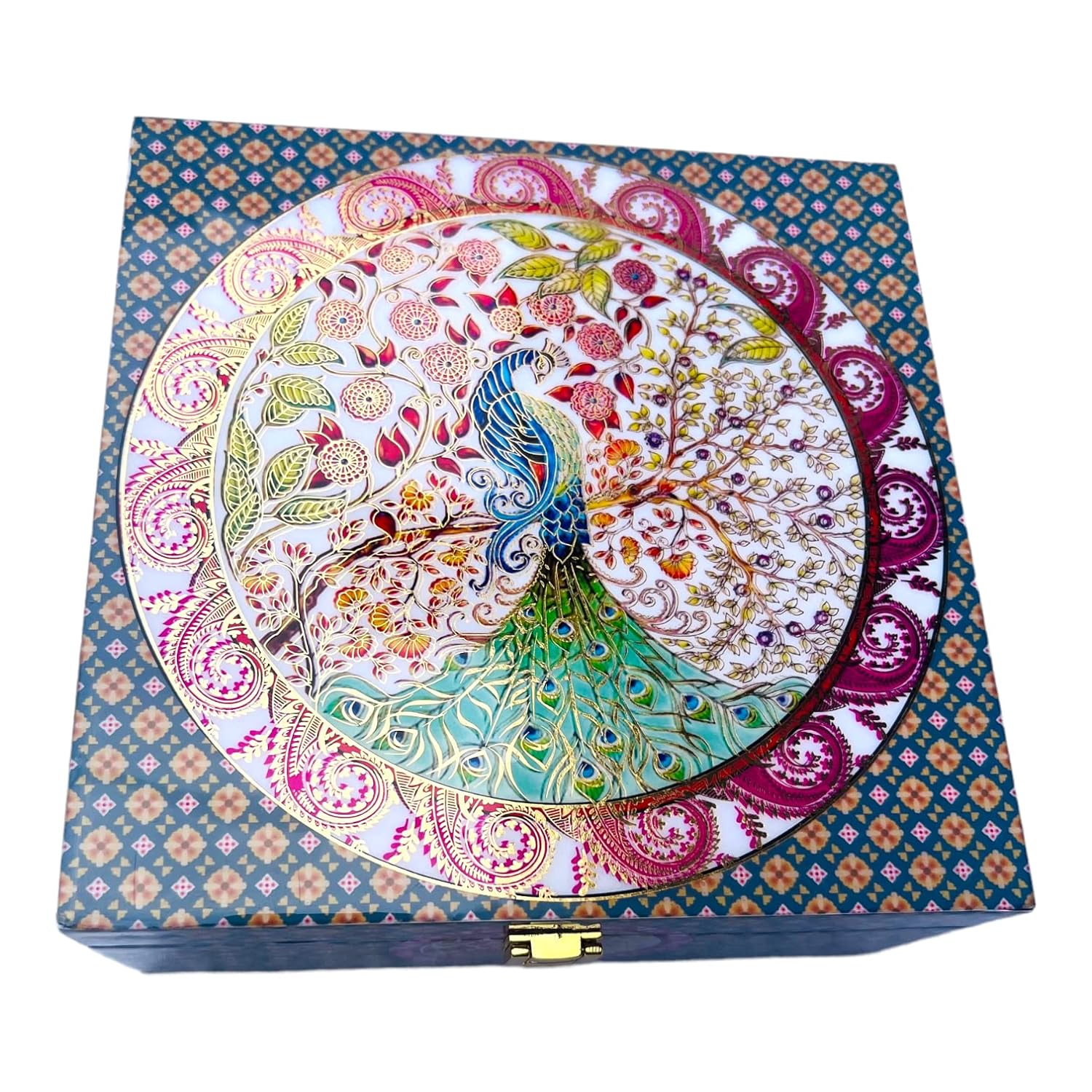 Peacock Print Digital Laminated Wooden Box with 4 Jars | Luxury Dry Fruit & Chocolate Gift Hamper