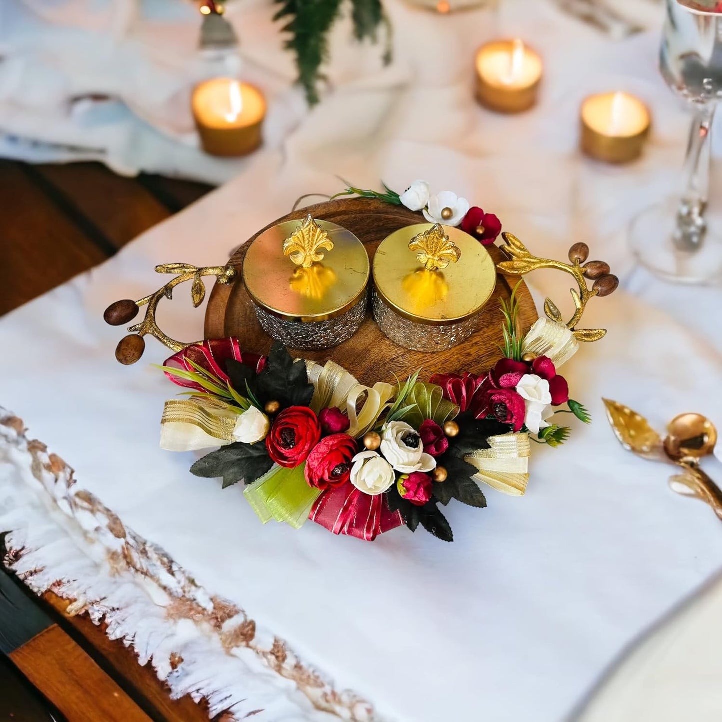 Mango Wood Platter with 2 Metal Jars