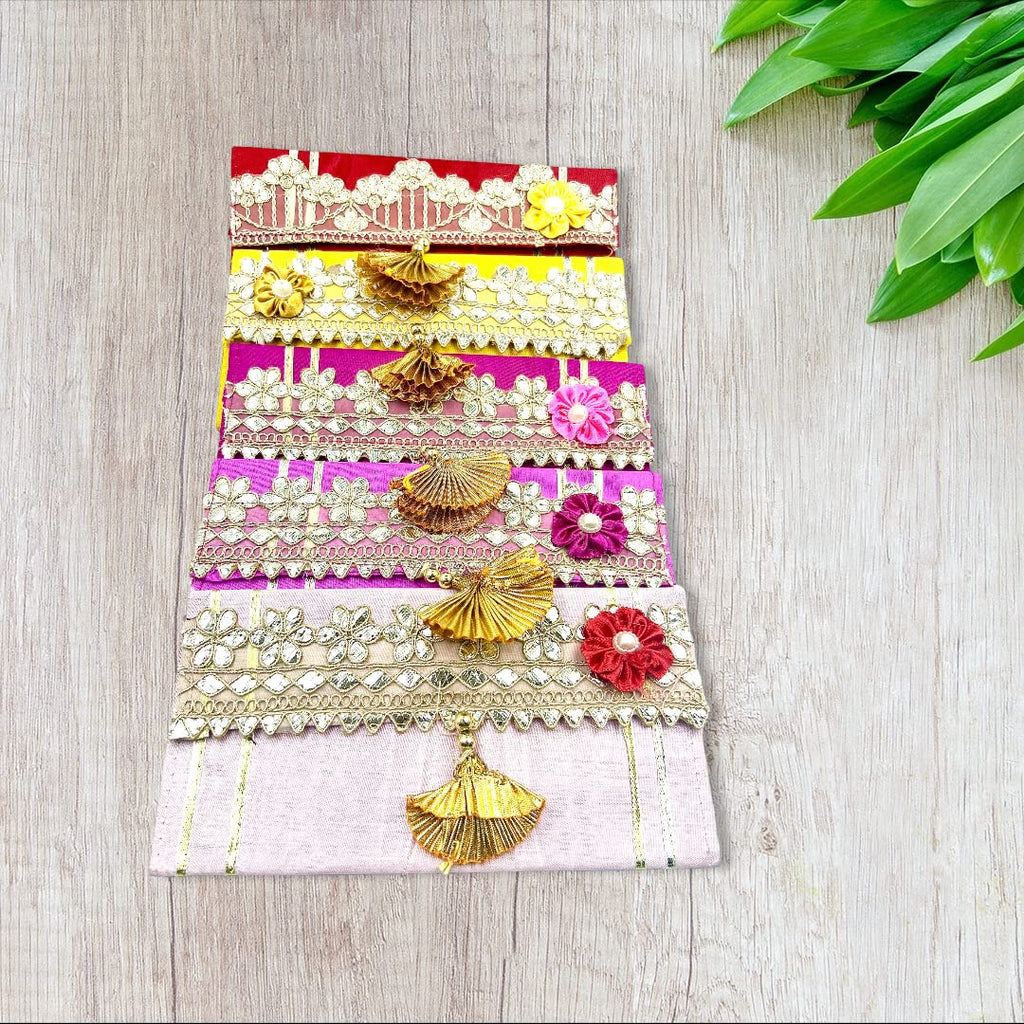 Designer Lace Shagun Money Envelope – Premium Silk Cloth with Satin Flower & Tassel