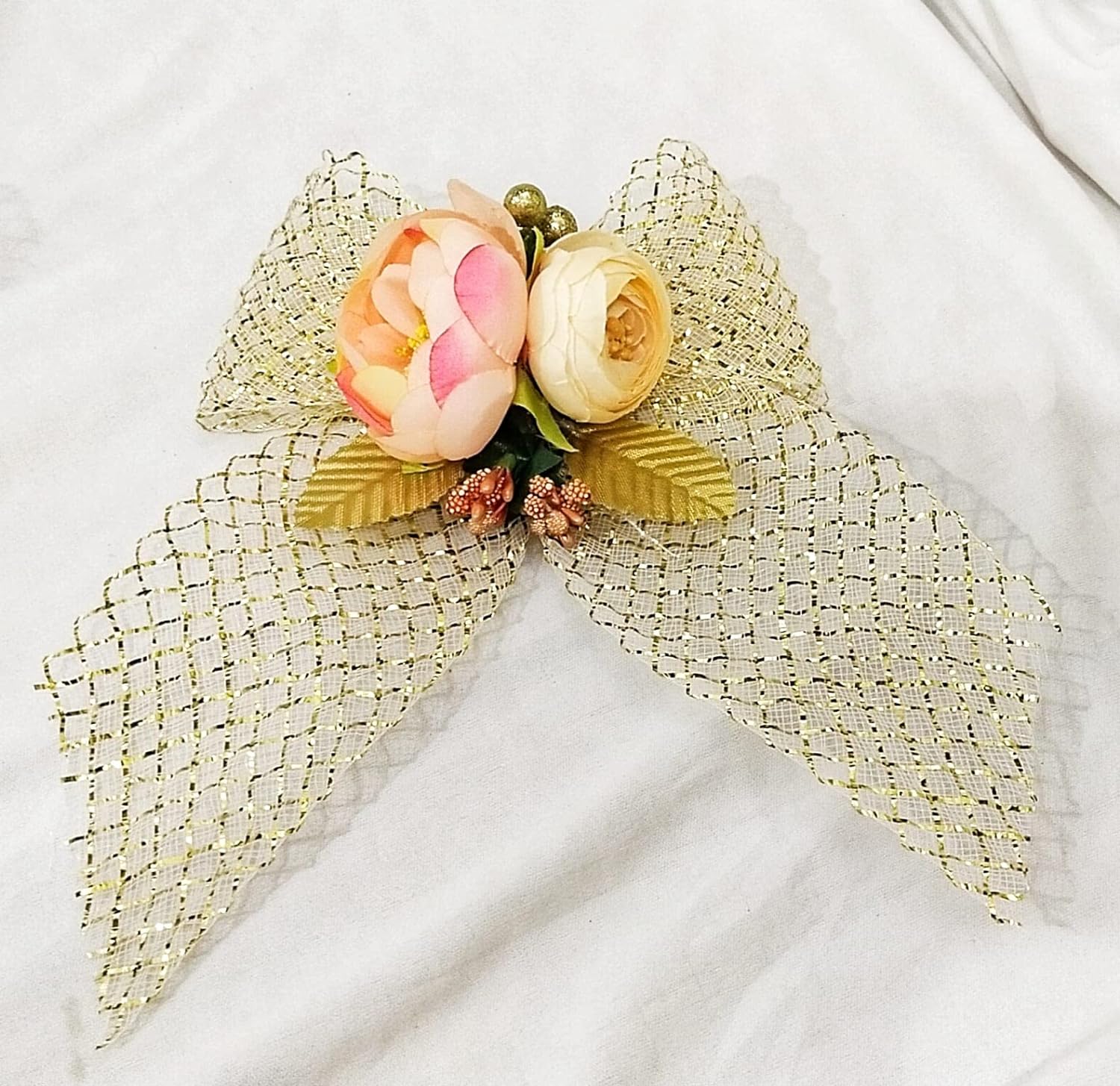 Charming Peony Duo with Large Bow Artificial Flower Bunch for Gift Decor and Wedding Packing
