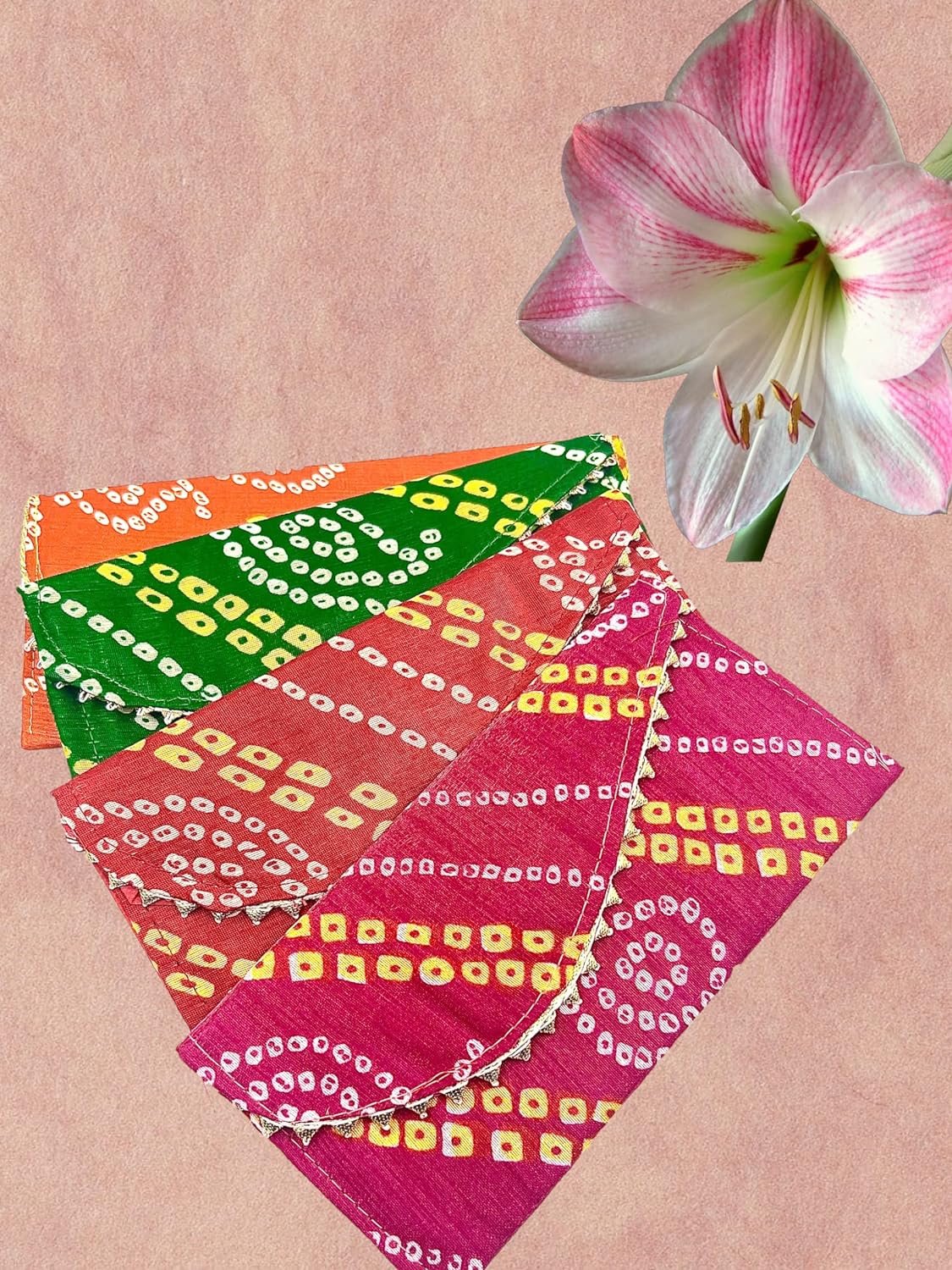 Rajasthani Bandhej Bandhani shagun envelopes with premium silk cloth and heavy decorative borders, ideal for weddings, festivals, and special occasions.