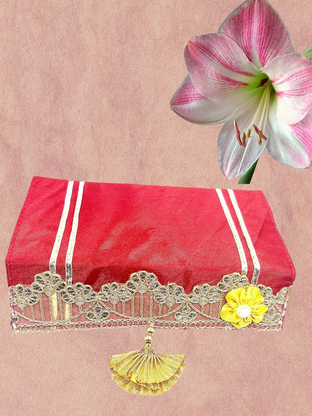 Designer Lace Shagun Money Envelope – Premium Silk Cloth with Satin Flower & Tassel