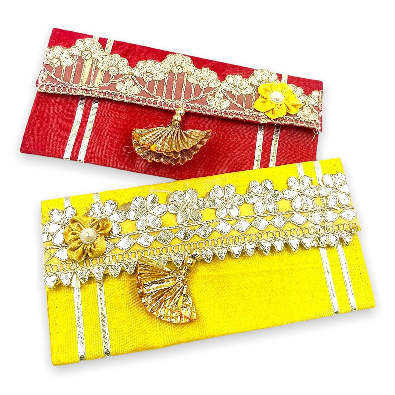 Designer Lace Shagun Money Envelope – Premium Silk Cloth with Satin Flower & Tassel