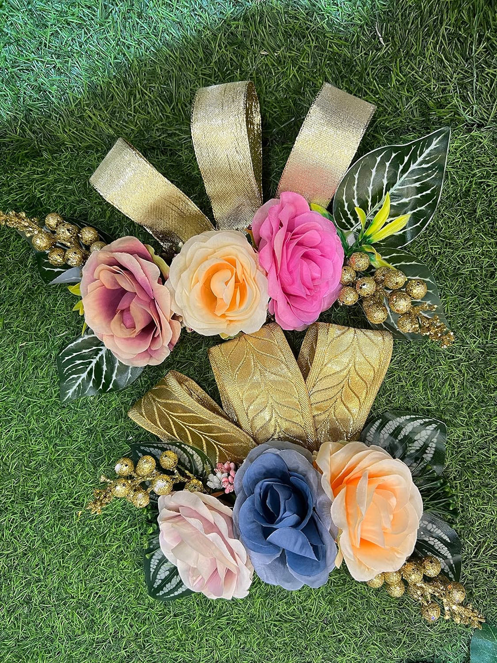 Graceful 3 Large Roses with Golden Lace Ribbon Artificial Flower Bunch for Gift Decoration and Wedding Packing