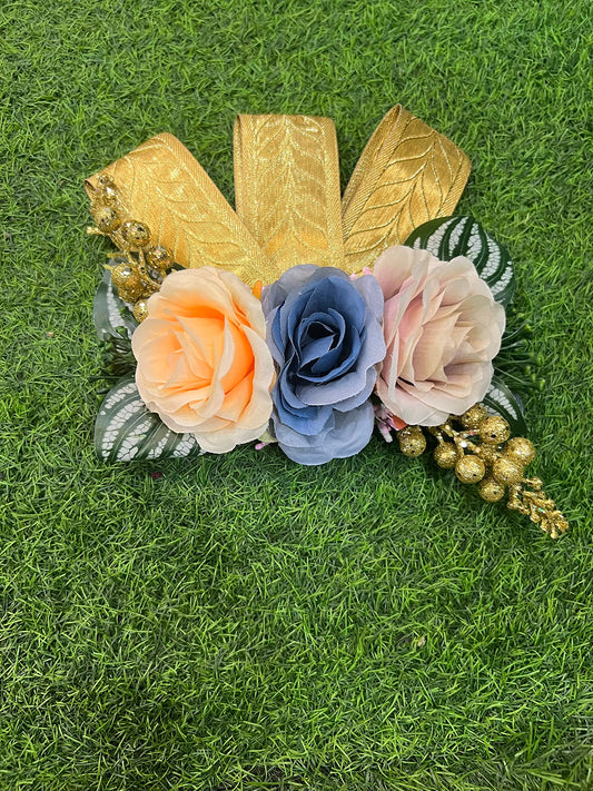 Graceful 3 Large Roses with Golden Lace Ribbon Artificial Flower Bunch for Gift Decoration and Wedding Packing